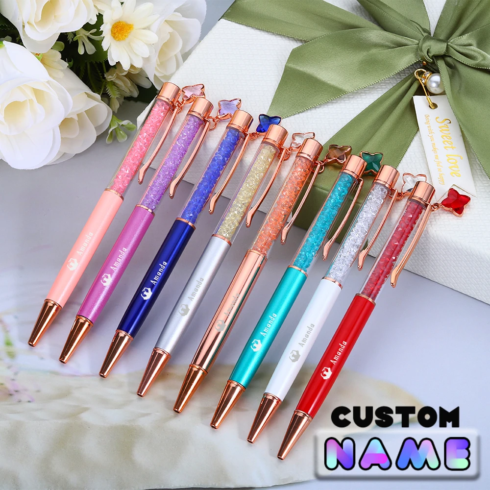 10pcs/Lot Custom Logo Crystal Metal Advertising Ballpoint Pen Writing Stationery Office School Ballpen Engraved Name Wholesale