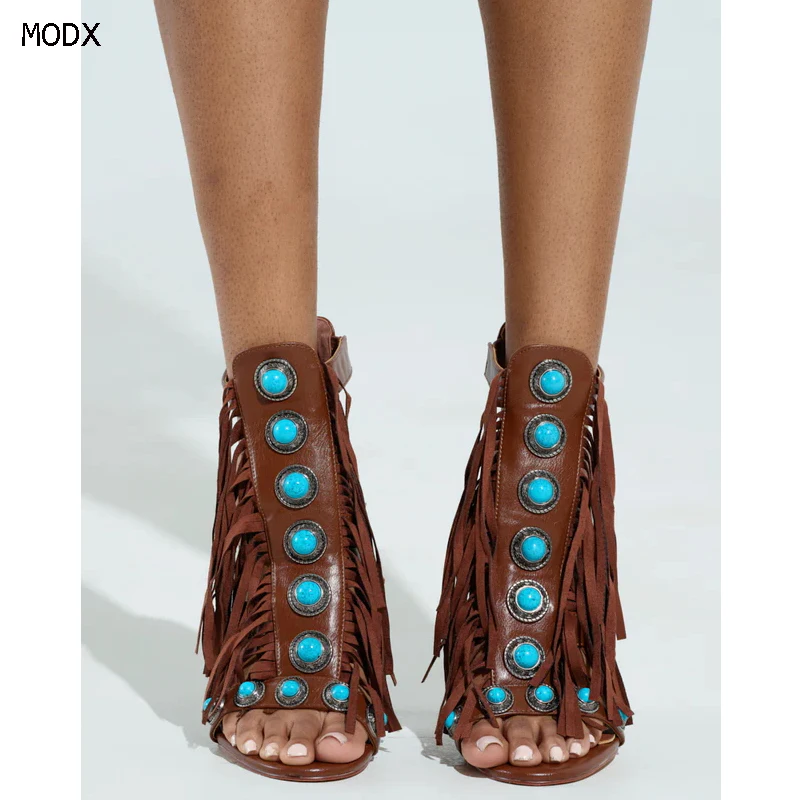 

2025 Women Summer Sandals Sexy Tassel Women Sandals Peep toe jewelw Back Zipper heels Fringe Heel Sandals 44