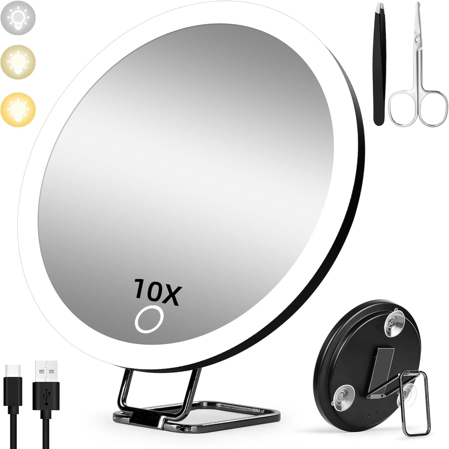 

Large Portable Dimmable Rechargeable Magnifying Mirror with 30X Magnification for Makeup, featuring 3 Colors Modes and 3 Suction