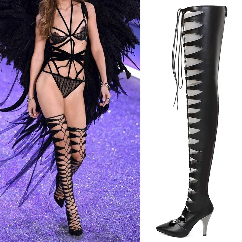 Runway Catwalk Knee High Cool Boots Sexy Cross Strap Hollow Pointed Stiletto High Heels Sandals Nightclub Bar Party 33&48