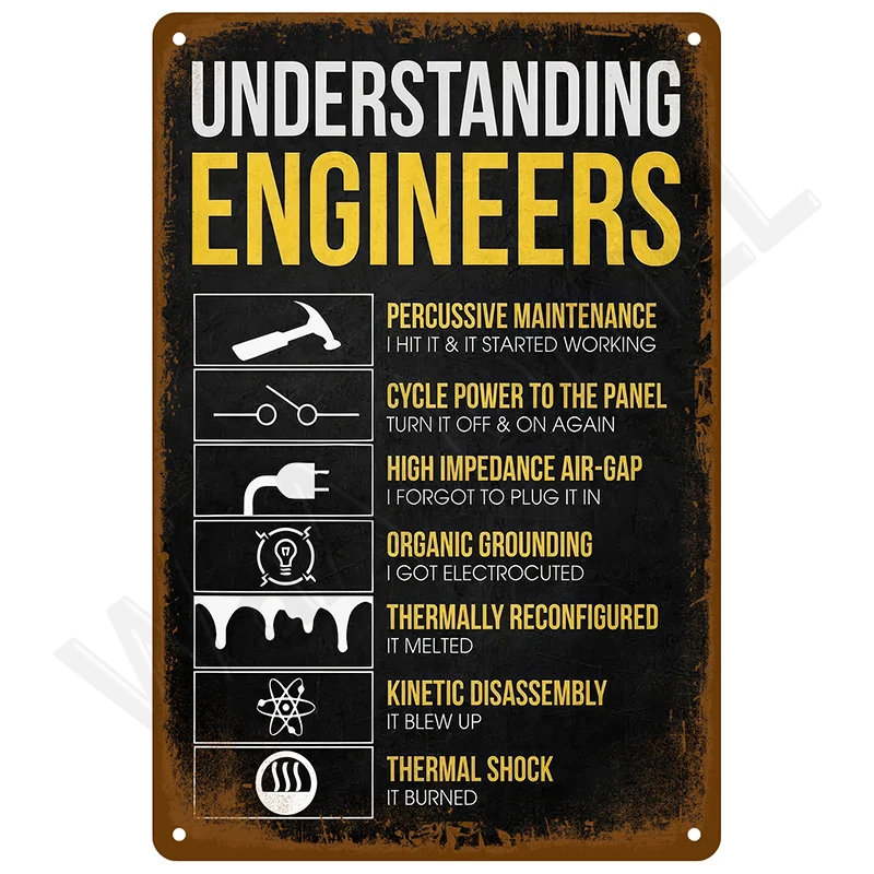Vintage Aluminium Understanding Engineers Funny Joke Tin Sign,Black Background Tech Slogan Wall Decor for Workshop & Garage Home