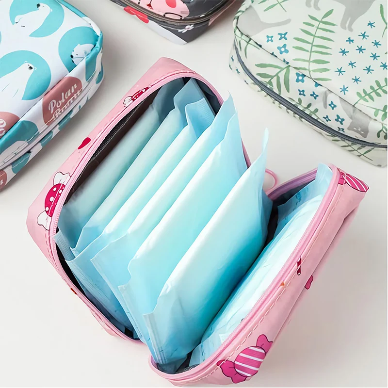 Kawaii Cosmetic Bags Organizer Women Tampon Napkin Sanitary Pad Pouch Storage Bag Ladies Girls Beauty Makeup Bag Holder Case