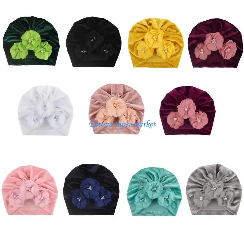 

090B with Flowers Decoration Stylish Turban Hat Trendy Cap Autumn Winter Hat Comforable Wear for Baby Girls & Infants