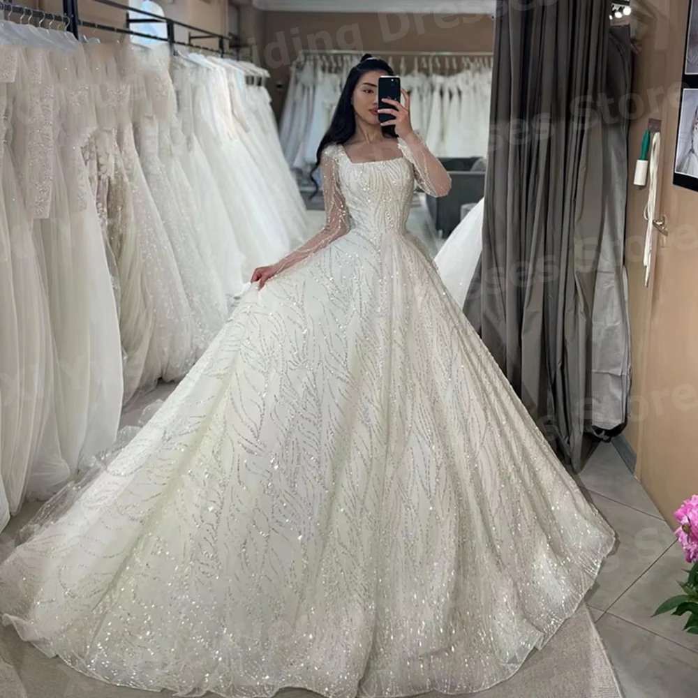Espumante uma linha feminina pescoço quadrado vestidos de casamento novia manga longa lantejoulas vestidos de noiva personalizado robe de mariée
