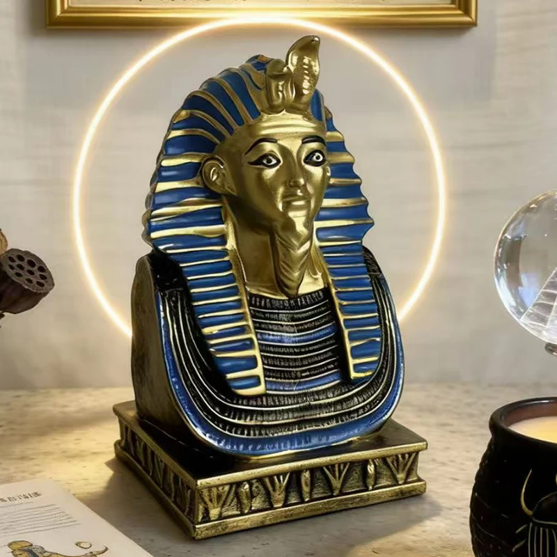 Antique Style Egyptian Pharaoh Resin Bust Figurine Tutankhamun Sculpture Bookshelf Desk Living Room Interior Decor Accent