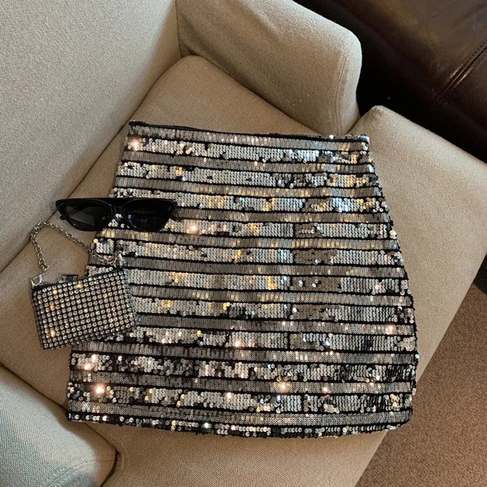 Black Slim A-line Sequin Skirts Harajuku Sexy Temperament Short Faldas Mujer Moda 2024 Club Beach Party Female Y2K Clothing 