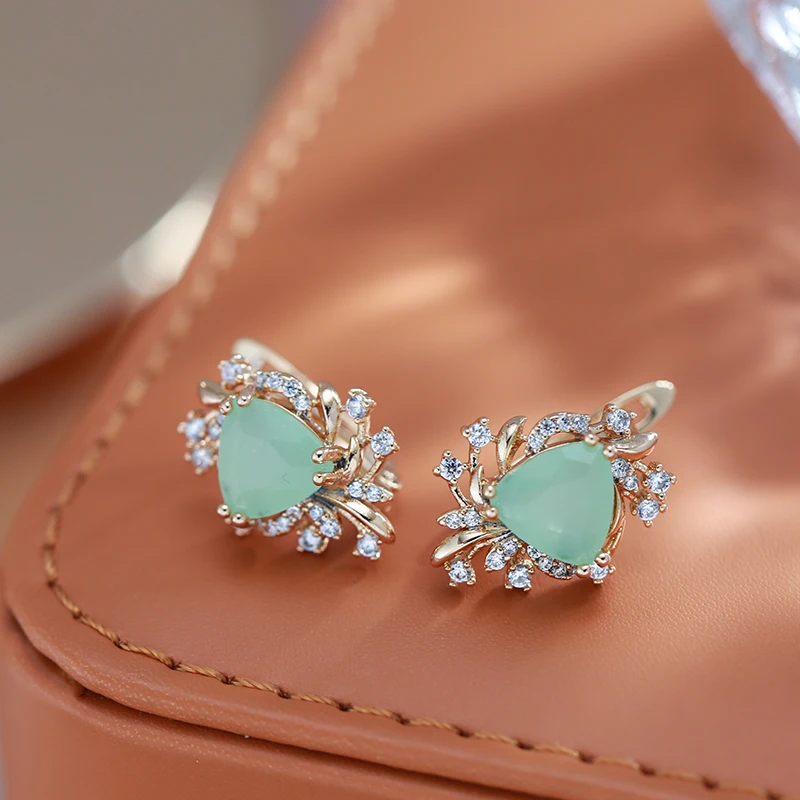 Kinel New Trend Crystal Flower Earrings for Women 585 Rose Gold Color Green Natural Zircon Drop Earrings Fine Daily Jewelry