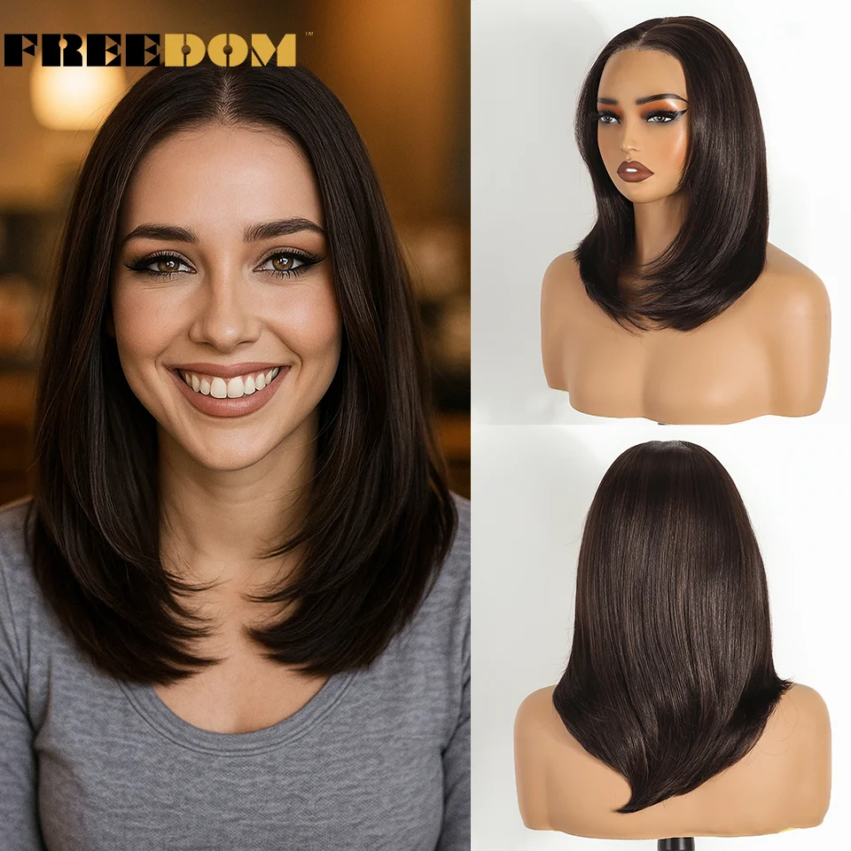 FREIHEIT Synthetische Lace-Front-Perücken für Frauen, kurzer Bob, geschichtet, gerade, 6 x 4, Wear And Go, leimlose Perücke, Ombre, vorgezupfte Spitzenperücken – Detail 9