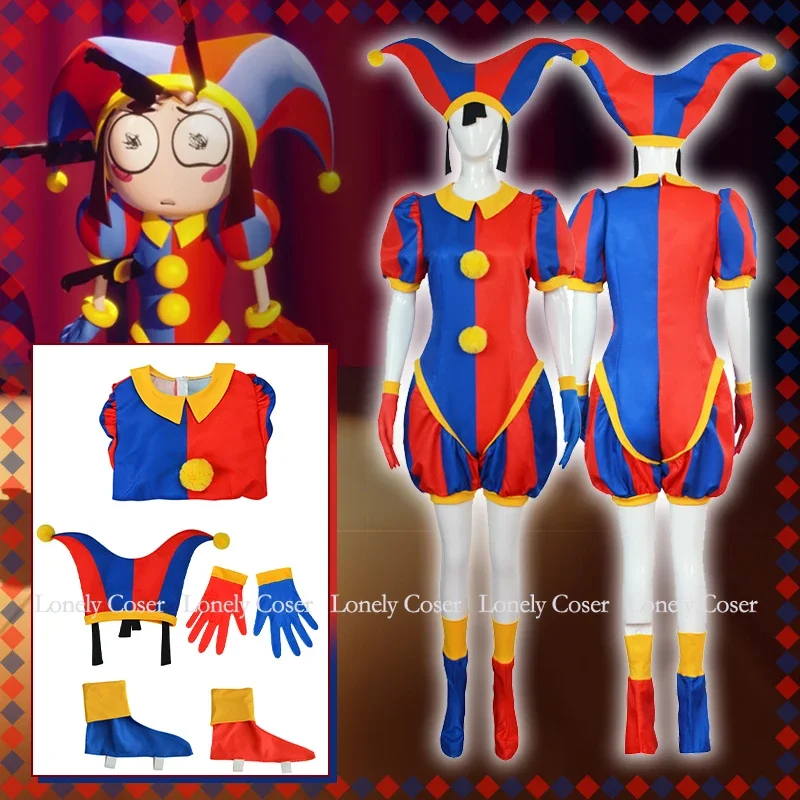 Pomni cosplay traje o incrível uniforme de circo digital chapéu sapatos capa luvas dos desenhos animados bodysuit para criança adulto ragatha jax caine