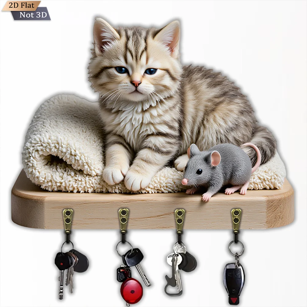 2D Flat, 1pc, Cat And Mouse Shaped Key Hook, Wooden Multifunctional Home House Key Hook, with Four Metal Hooks, Wall