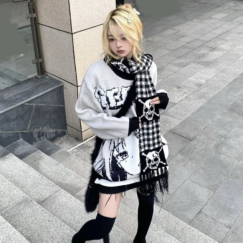 Subcultural Harajuku Japan Long Winter Commuter Scarf Y2k Moda Fashion Plaid Skull Print All Macth Women Punk Scarfs