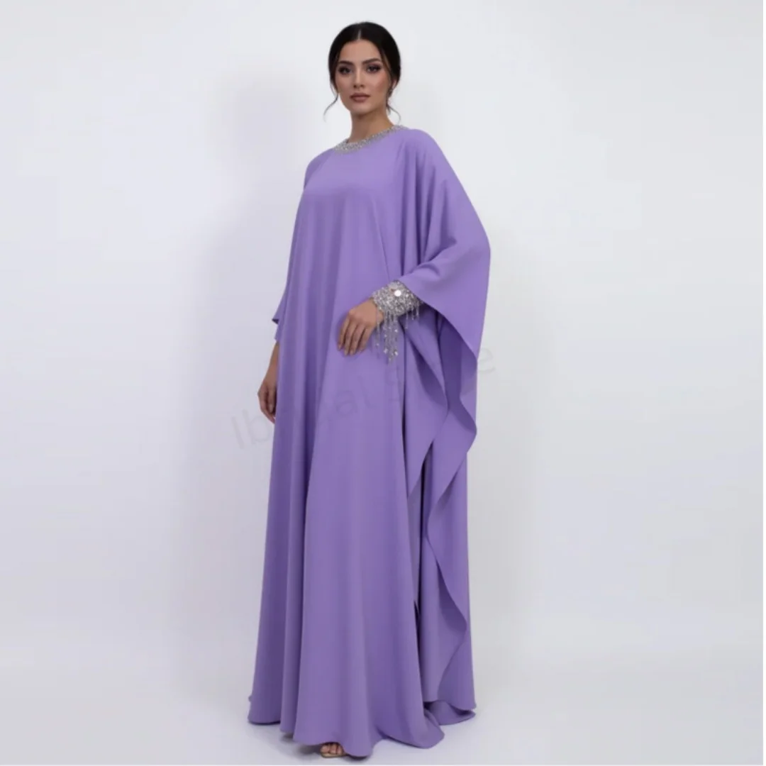 Maßgeschneidertes muslimisches langes Abendkleid mit O-Ausschnitt, Abaya-Kleider, Perlen-Abendkleid im Nahen Osten-Stil