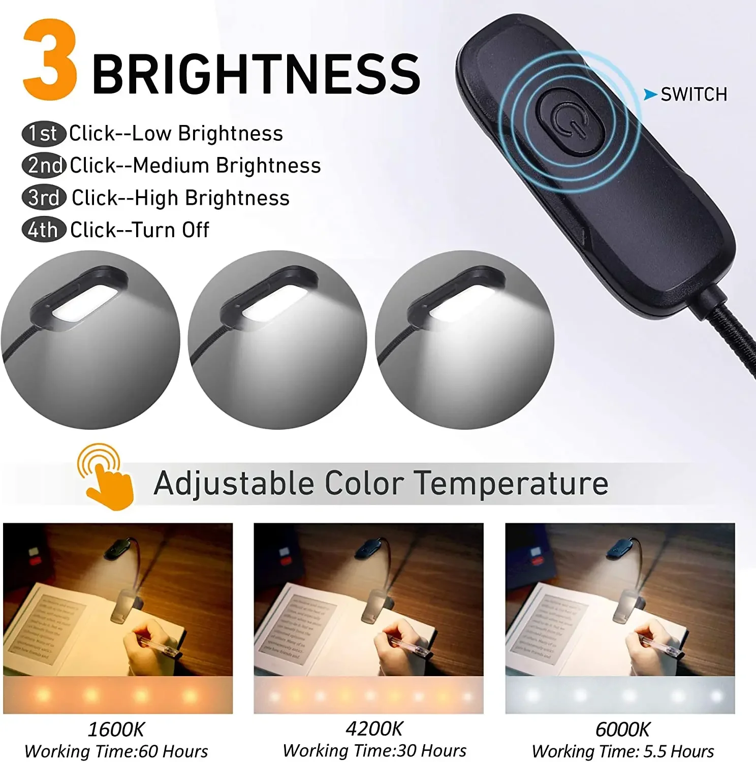 Rechargeable LED Desk Lamp Portable Eye Protection Flexible Clip-On Table Lamp 3 Colors 3-Level Brightness Study Reading Lamp