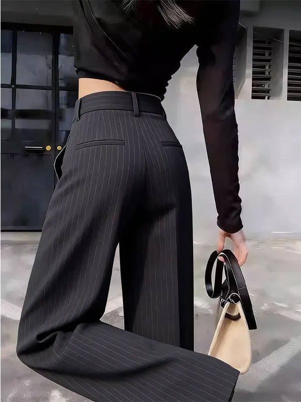 

Black Luxury High Waist Striped Wide Leg Pants Women's Spring New Style Casual Suit Pants Elegant Drapey Slimming Effect