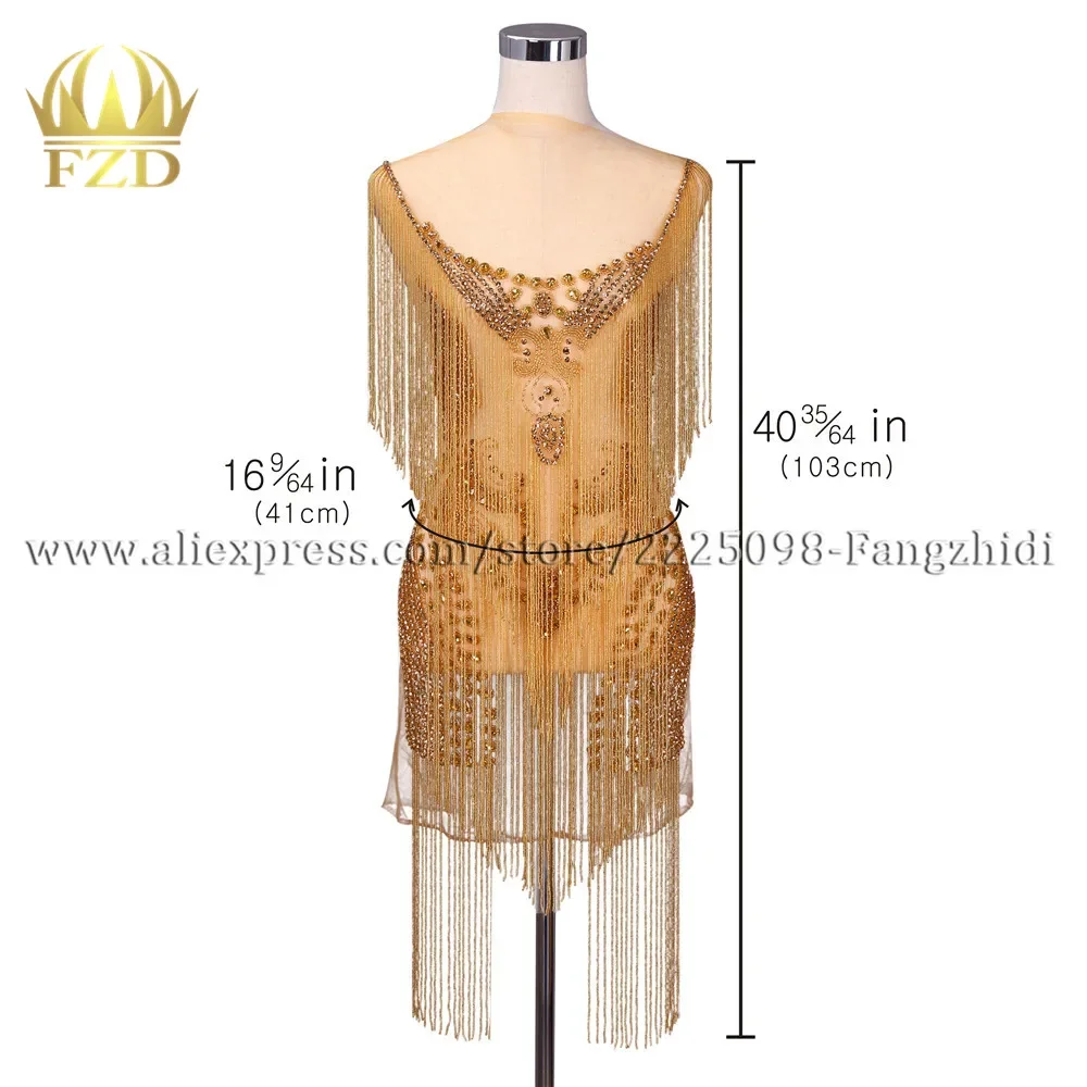 

FZD 1 PC Bodice Applique Gold Rhinestones Beaded Wedding Dress with Beautiful Waterfall Long Patch Beaded Appliques for DIY