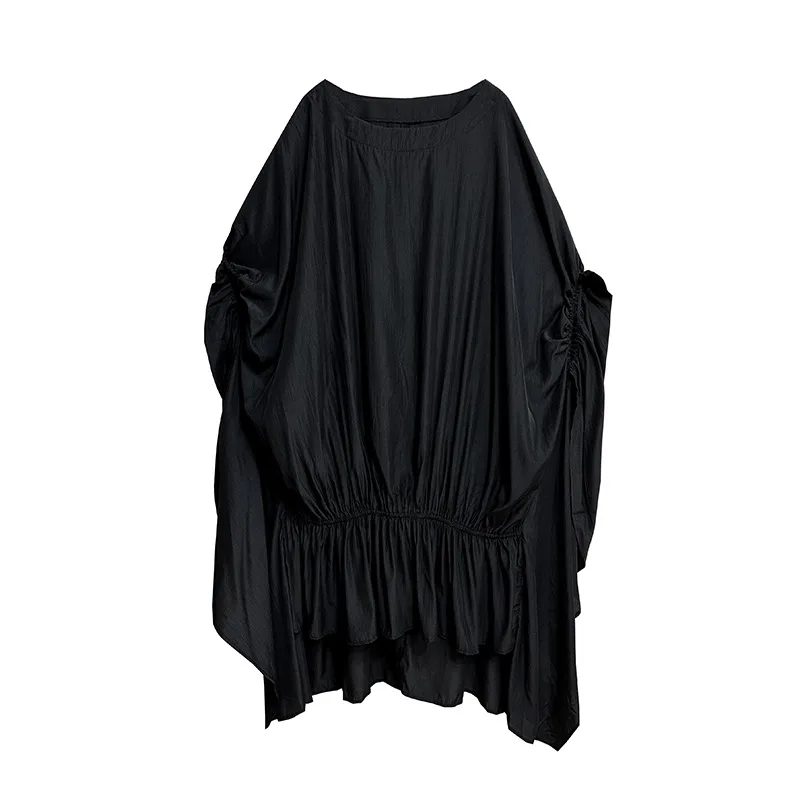 فساتين نسائية فستان سادة مطوي غير متماثل رقبة دائرية وأكمام تشبه جناح الخفّاش طول الكاحل فضفاض مناسب ملابس خروج غير رسمية لصيف 2025 #5