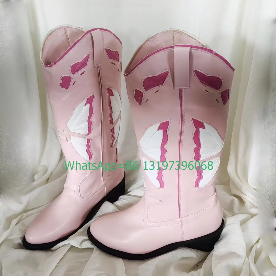 Lady pink chunky heel cowboy printed design boots pointed toe vintage style cowboy boots size 35-46 retro pink punk style boots