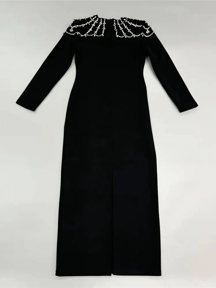 Autumn New Luxury Birthday Dresses Diamond Tight Long Sleeve Square Neck Long Bandage Dress Women's Wedding Evening Formal Gowns