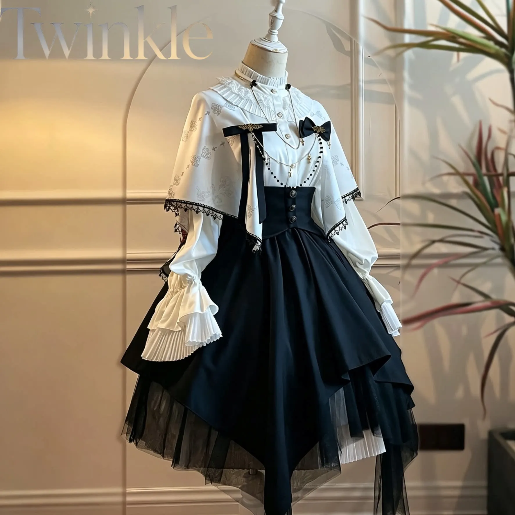 Lolita JSK Skirt Blouse Set Women Gothic Vintage Temple Style Midi Cosplay Costume with Cape Petticoat Bow 5pcs Set for Female