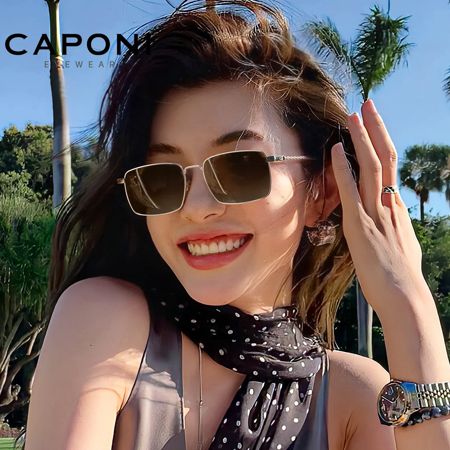 CAPONI Luxury Women Sunglasses Titanium Outdoor Vacation Sun Glasses Official Brand Anti Glare UV400 Protect Brown Shade CP35021