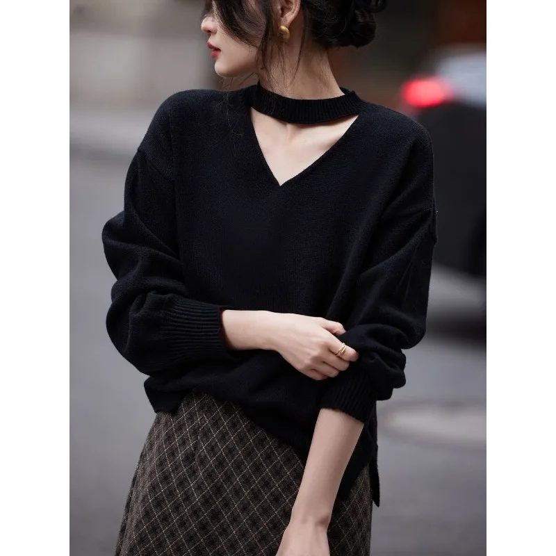 Elegant Women Halter V Neck Knit Sweater Loose Long Sleeve Casual Base Top S-2XL