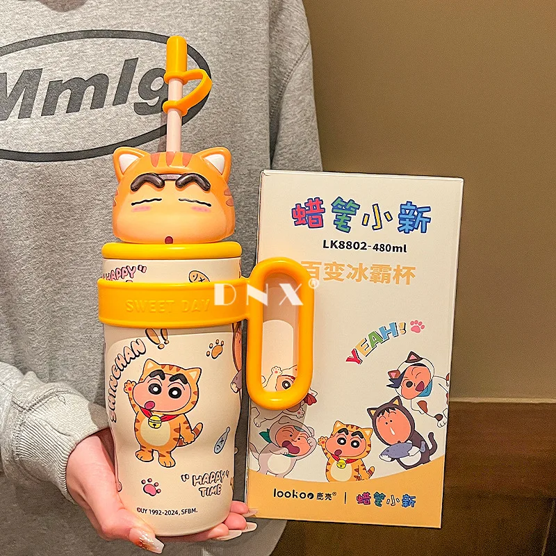 Kawaii Crayon Shin-Chan Large Handle Water Cup Stainless Steel Children's Insulated Cup Cute Large Capacity Straw Desktop Gifts