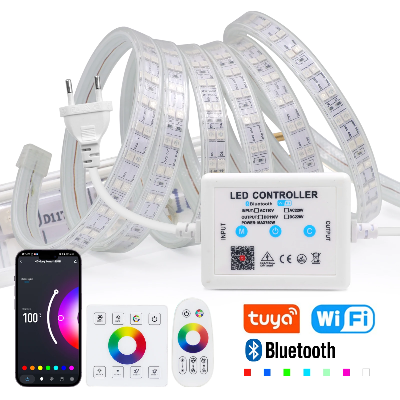 

110V 220V RGB LED Strip 5050 60LEDs/m 120LEDs/m Wifi Bluetooth Wall Touch Remote Control Waterproof Flexible Tape for Home Decor