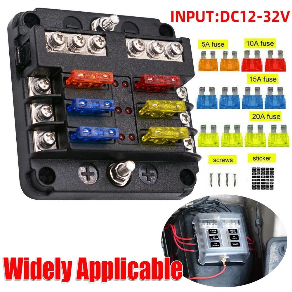 6 Way Blade Fuse Box & Bus Bar Car Kit with Cover Fuse Box Holder 12V/32V for Auto Car Boat Marine Trike