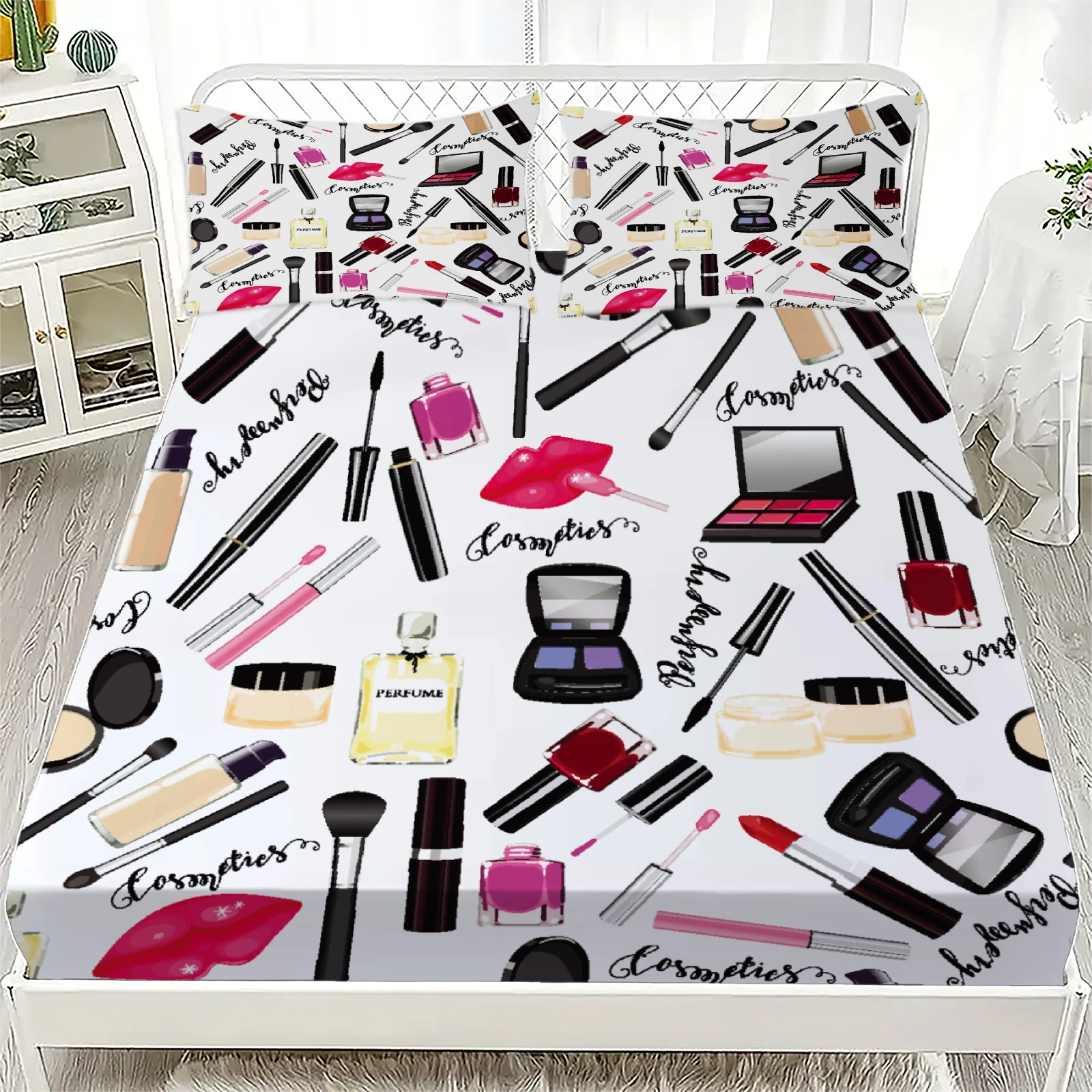 3pcs White Fitted Sheet Sets Decor For Girls Room Cosmetics Makeup Brushes Lips Perfume 3D Printed Flat Sheet With 2 Pillowcases