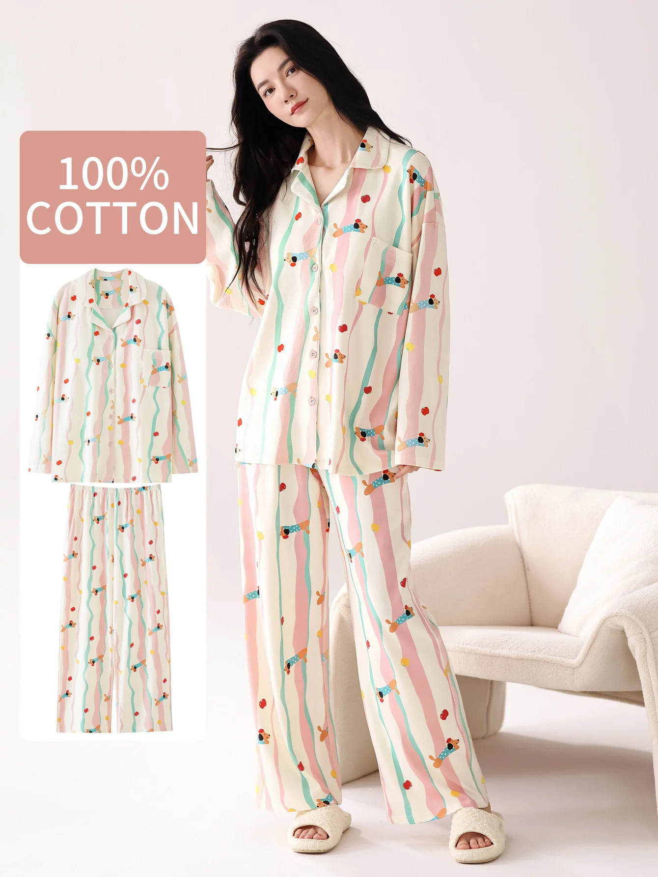 ملابس نوم من القطن الخالص 100% مع وسادة صدر، سراويل نسائية للخريف والشتاء بأكمام طويلة، ملابس نوم نسائية مقاس كبير من القطن الخالص