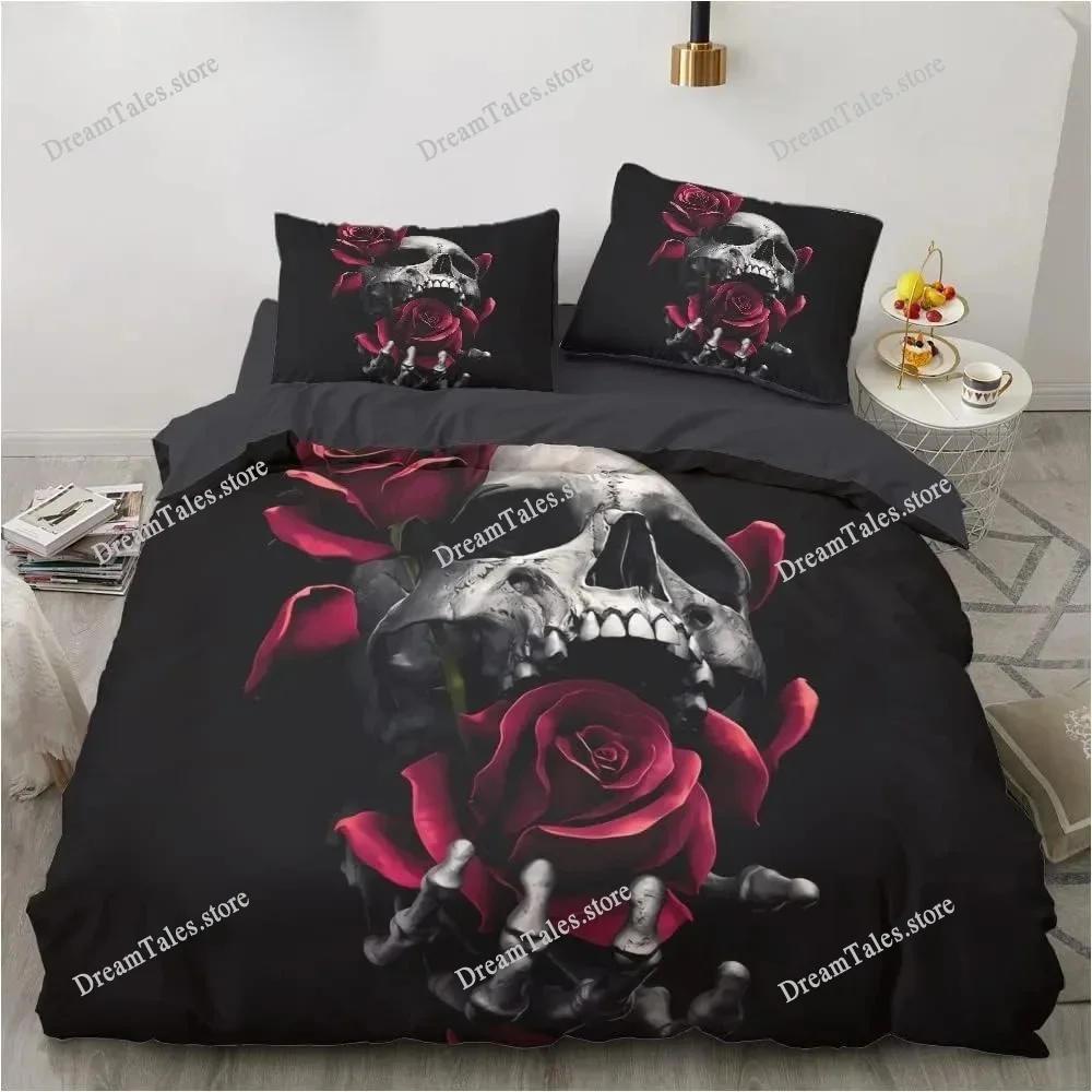 Exquisite 3D Gothic Skull Rose Wallpaper  Print Bedding Set Duvet Cover Comforter Bed Youth Kids Girls Boys Gift