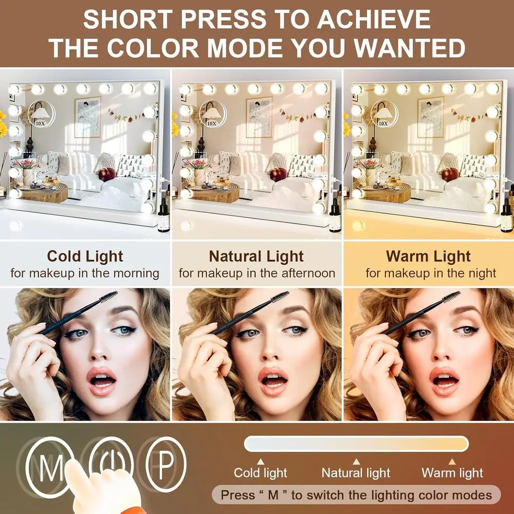 Miroir de maquillage Hollywood éclairé, 24,4 x 21,2, LED 3 couleurs, port USB, miroir grossissant 10X, commande tactile, blanc