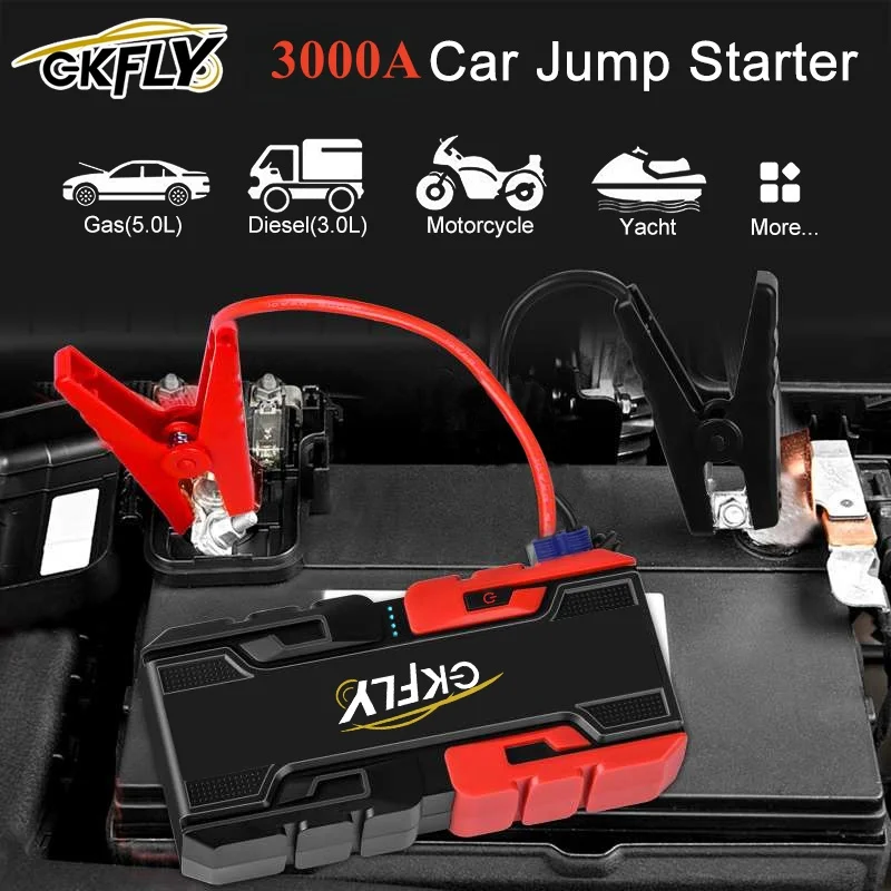GKFLY 3000A démarreur de saut de voiture Portable Booster de batterie de voiture Buster 12V dispositif de démarrage d'urgence 12000mAh câble de démarrage de batterie externe