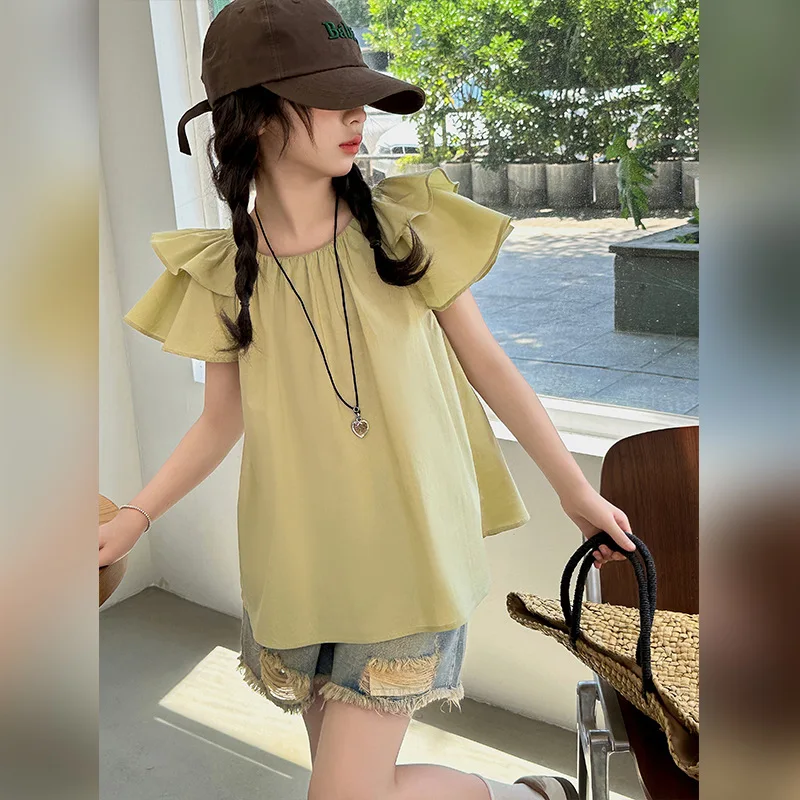 

Girls T-shirt Children 2024 New Spring and Summer Green Top Clothes Simple Casual Style All-match T-shirt Korean Simple Style