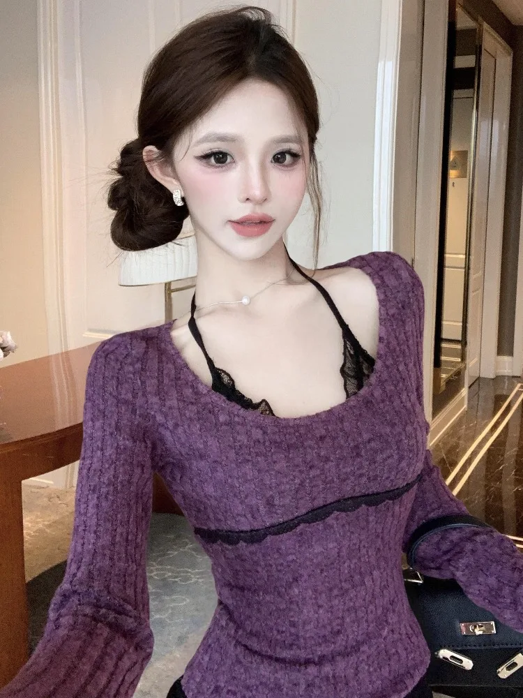 

Unique Lace Neck Knitted Base Shirt Women's Early Autumn Chic Short Inner Unique Beautiful Small Top Purple Fake Two-Piece