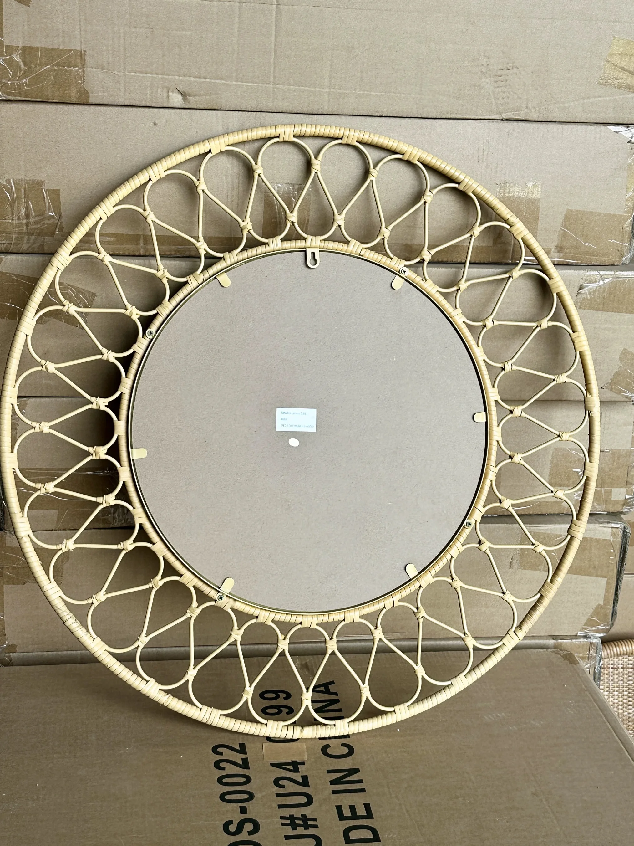 Round Rattan Wall Mirror, Natural Woven Frame, 30 Inch Diameter, Decorative Petal Design, Vintage Boho Style