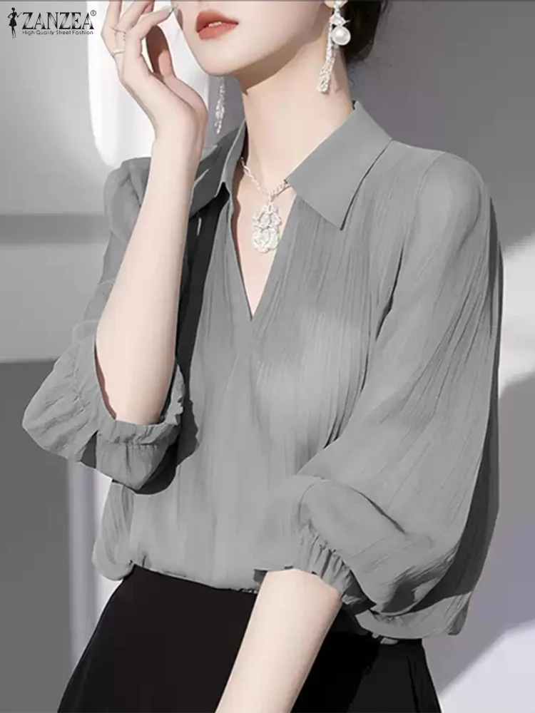 Outono blusas zanzea elegante ol blusa moda com decote em v camisas femininas 2025 casual 3/4 puff manga sólida coreano oversized túnica topos