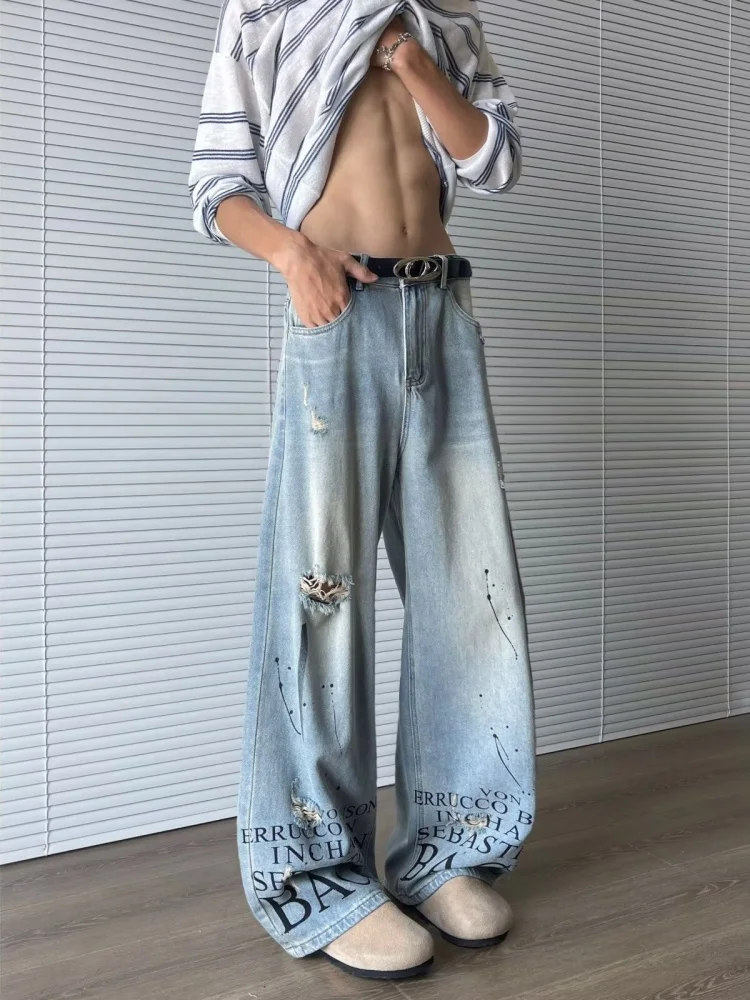Trashy Y2K 2000S Brief Gedruckt Gewaschen Blau Baggy Zerrissene Jeans Hosen Für Männer 90S Vintage Kleidung Denim Hosen Pantalon hombre – Detail 8