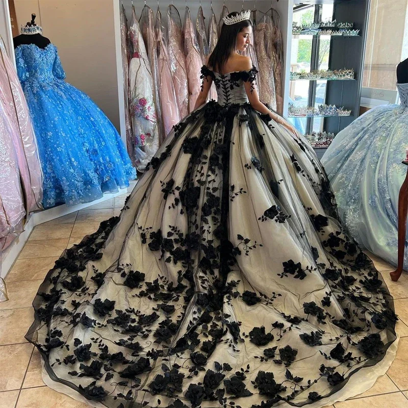 Crystal Black Ball Gown 15 Year Old Sexy Quinceanera Dresses With 3D Flowers Train Birthday Formal Party  Girl