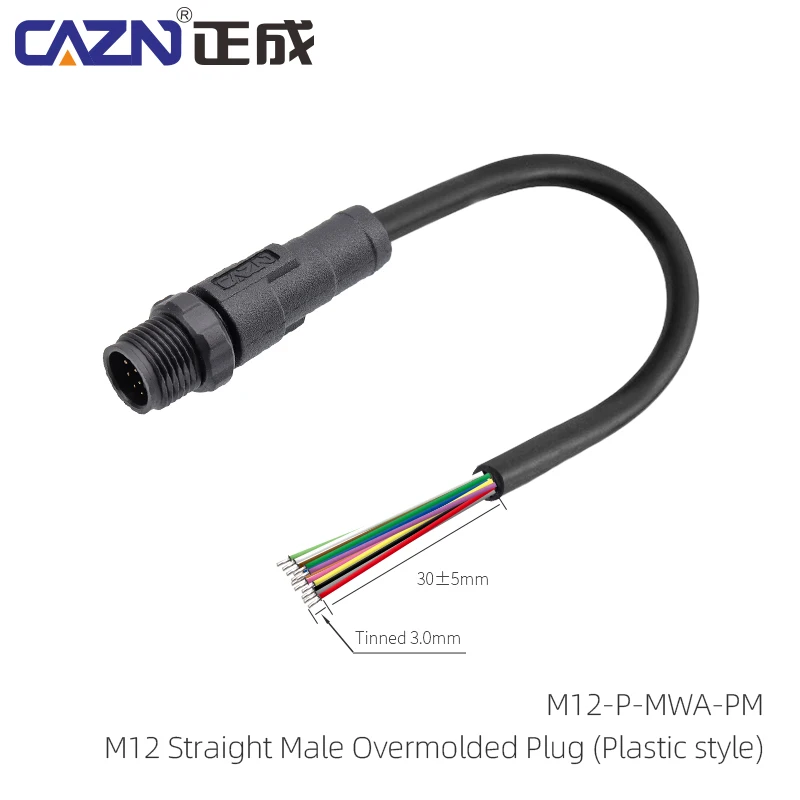 IP67 M12 Plastic Overmolded Plug 1/2/5m PVC TPU Wire Un-shield Type Cable Straight&Angled Industry Connectors