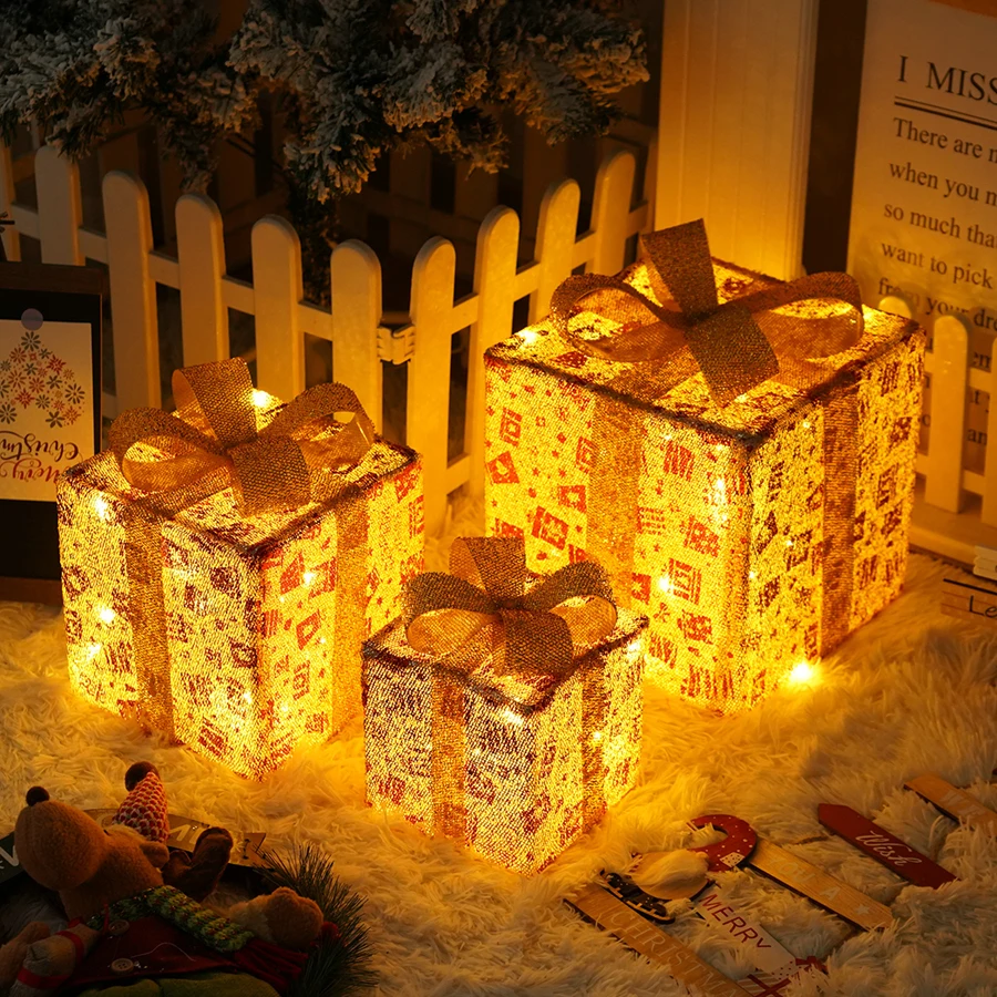 LED Christmas gift box three piece set, shaped light string arrangement, birthday props decoration, atmosphere light