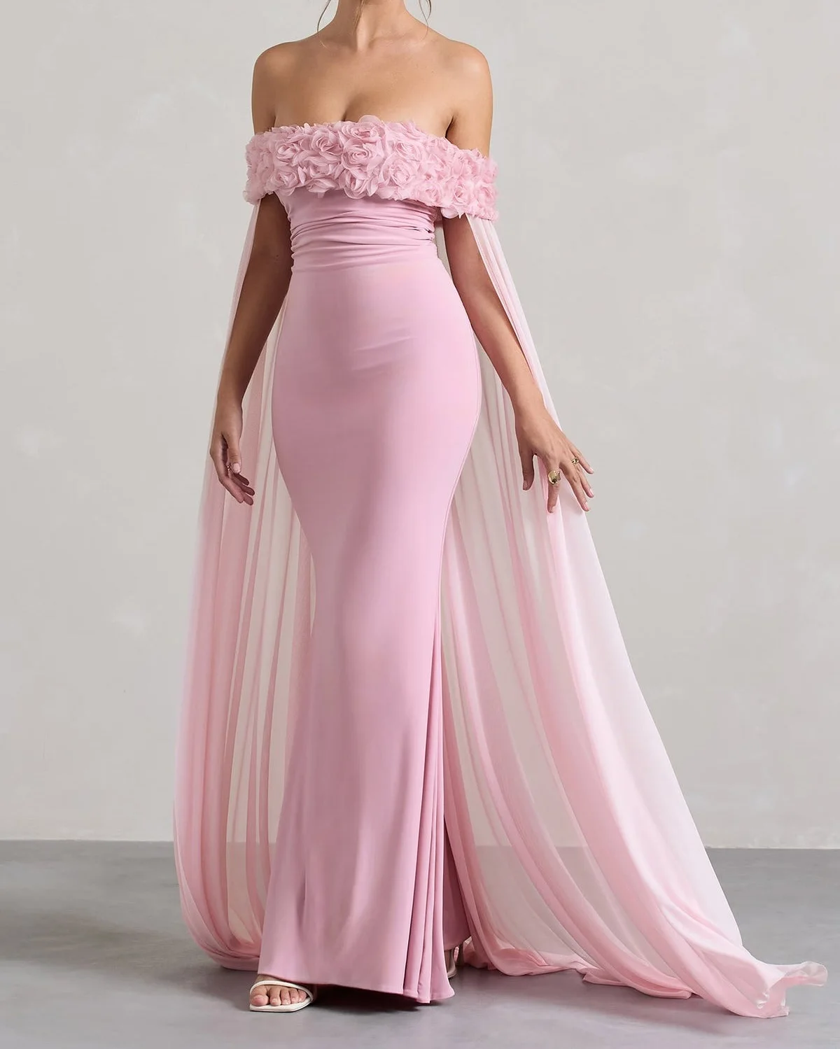 

Meetlove Pink Off-the-shoulder Floor Length Wedding Dresses Mermaid Sleeveless Simple 3D Flowers Chiffon Shawl Customized 2025