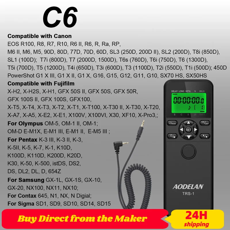AODELAN TRS-C6 LCD Time Shutter Release Remote Control for Canon EOS R6 R M6 II M5 90D 250D 800D 600D 700D 500D 30D Rebel T4i
