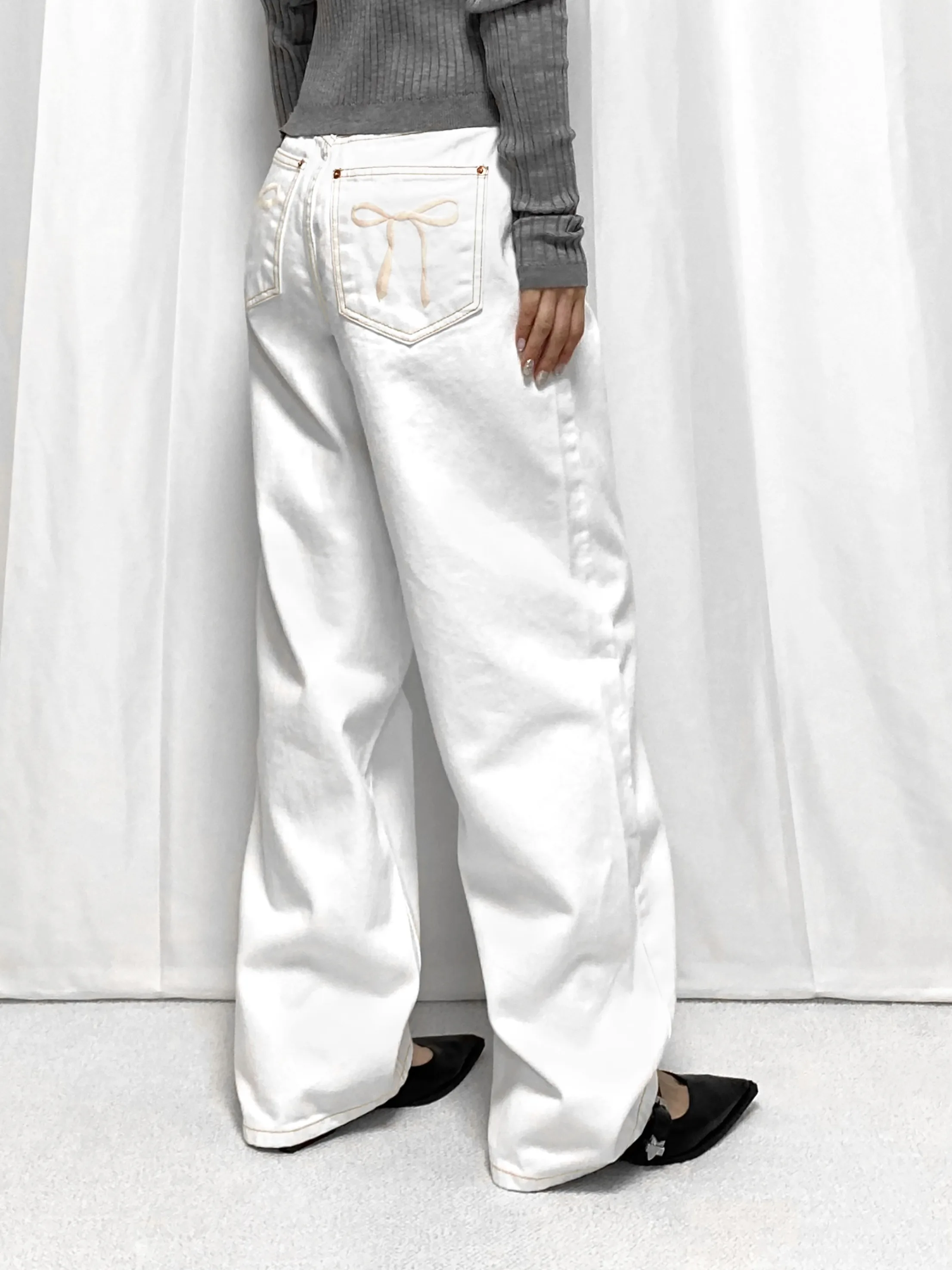 

Шикарные весенне-летние джинсы с вышитым узлом и высокой талией, прямые широкие джинсы, женские модные универсальные джинсы...