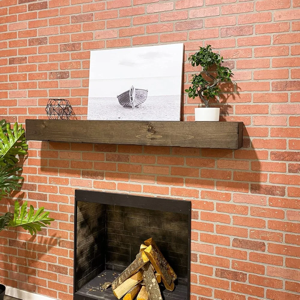 Fireplace Mantel, Rustic, Shelf, Floating Mantle, Real Wood, Beam, URBANDI (Dark Brown, 72Lx6Hx8D)