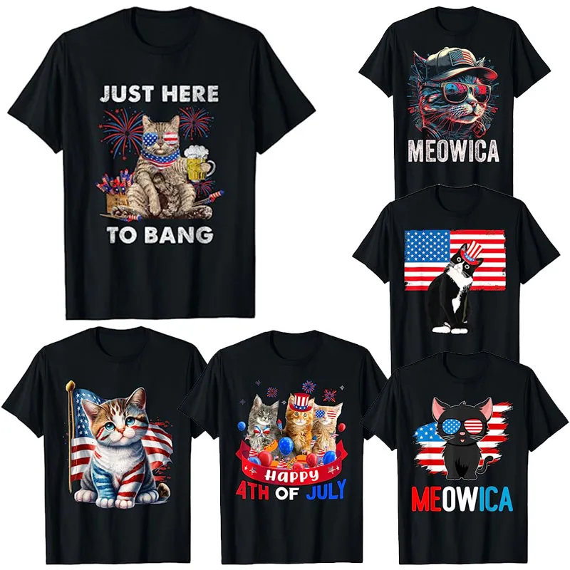 

Just Here To Bang Three Cat Happy 4th of July Balloon Independence Day T-Shirt Tuxedo Cat Meowica Patriotic Kitten Tee Kitty Top