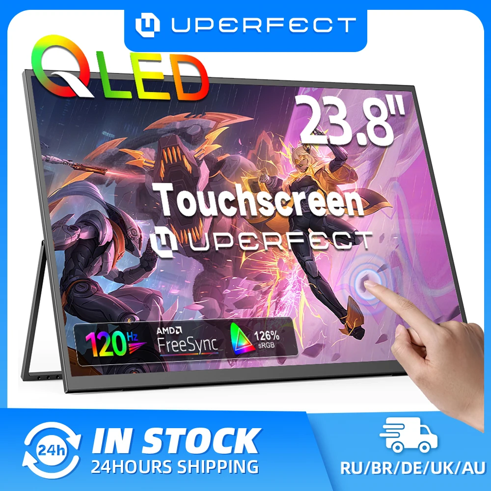 Monitor portátil UPERFECT QLED touchscreen de 23,8" e 120 Hz, 1080P, 125% sRGB, 400 Nits, tela externa para jogos, para laptop, mini PC, telefone, Steam Deck, suporte integrado e VESA