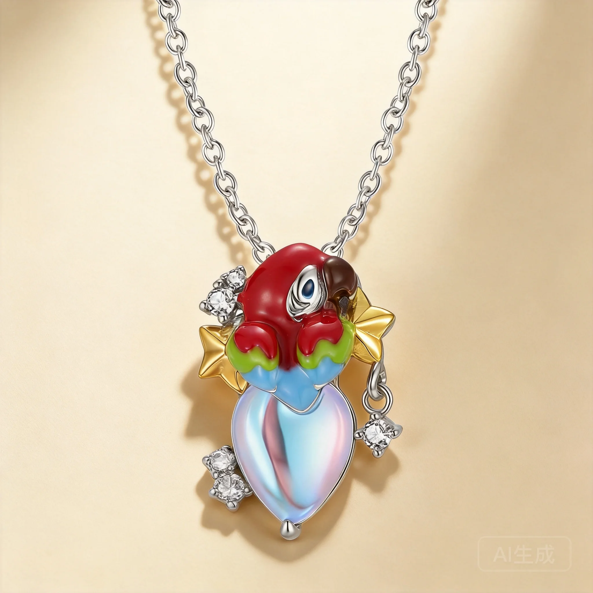Chinese Style Auspicious Lucky S925 Sterling Silver Enamel Parrot Pendant Necklace Inlaid Moonstone Clavicle Chain Fortune Bless