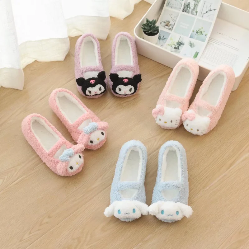 Sanrio autumn and winter Hello Kitty cute warm home women's shoes Kulomi cartoon doll non-slip bag heel plush cotton slippers