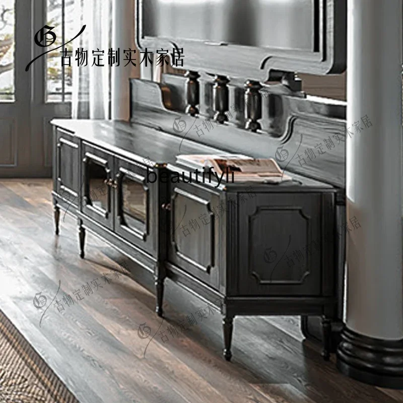 French solid wood TV cabinet retro open paint locker classic engraved storage cabinet porch cabinet